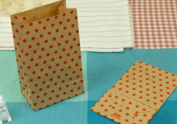 ถุงกระดาษน้ำตาลลายจุดสีแดง ขนาด14.6x9x27 cm.