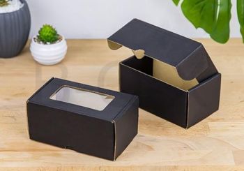กล่องลูกฟูกพรีเมี่ยมมีหน้าต่าง สีดำ 8x14x6.5 cm.